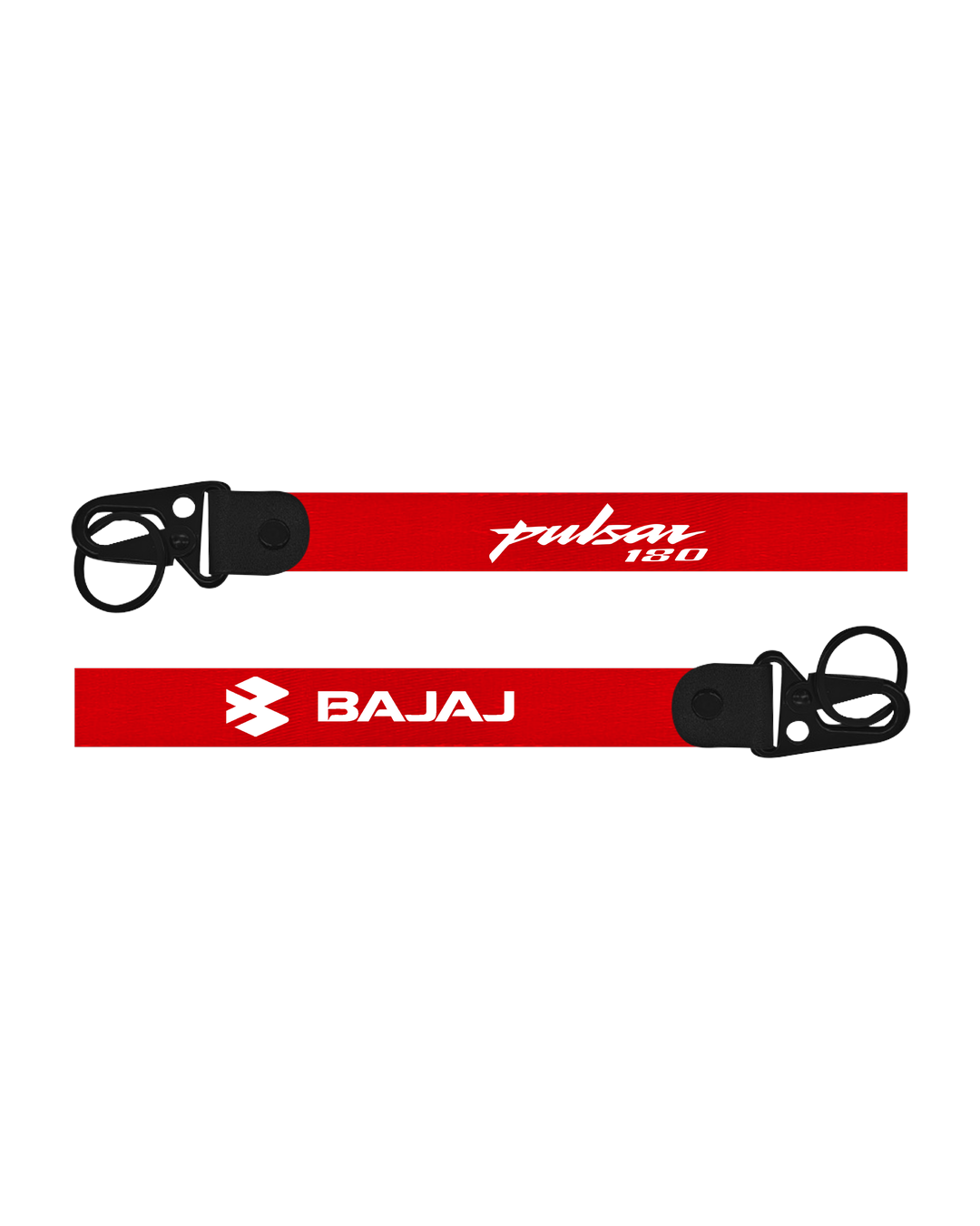 Two red straps with 'Bajaj' and 'Pulsar 180' branding on a white background