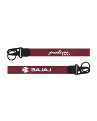 Two maroon lanyards with black attachments featuring 'Bajaj' and 'Pulsar 180' text on a white background.
