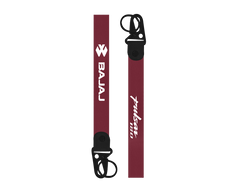 Two maroon lanyards with black attachments featuring 'Bajaj' and 'Pulsar 180' text on a white background.