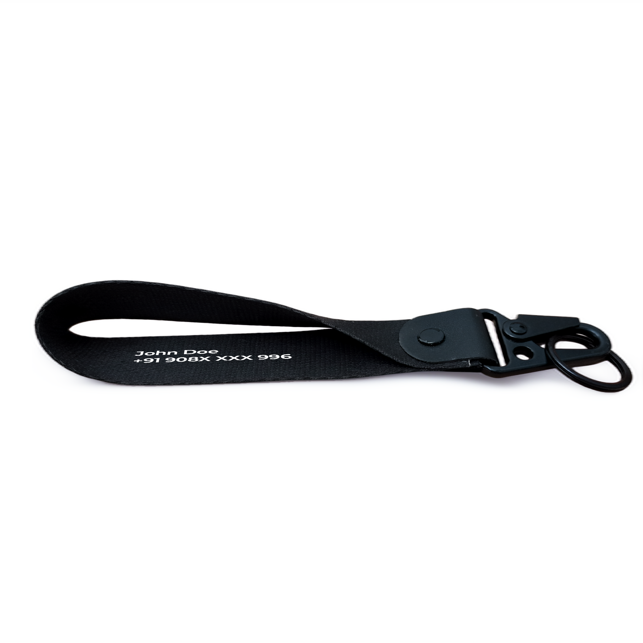 Black custom bike keychain strap with printed name and phone number, strong hook personalized keychain
