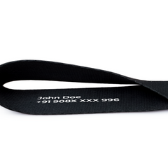 Black personalized bike keychain strap showing custom name and phone number print with strong hook