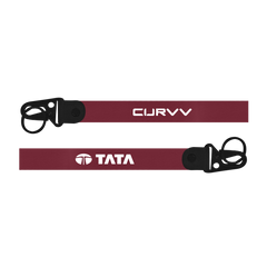 Two red straps with 'CURVV' and 'TATA' branding on a white background