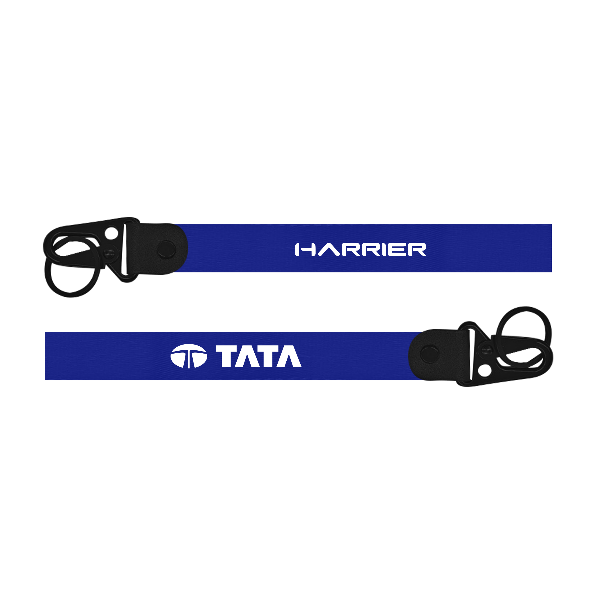 Two blue lanyards with 'Harrier' and 'Tata' branding on a white background