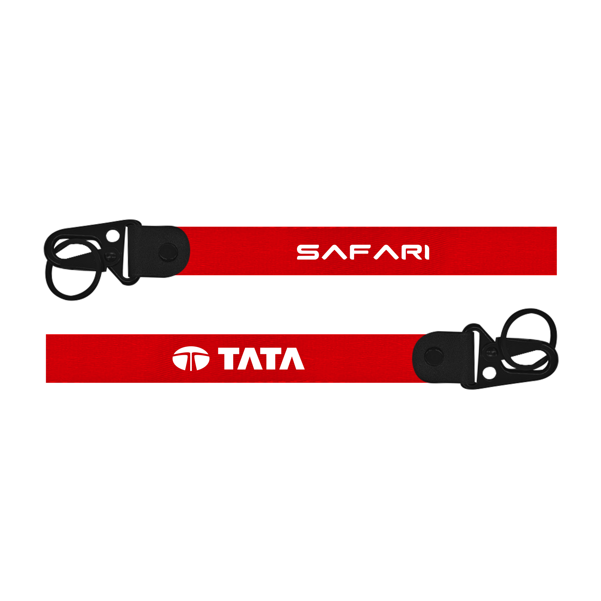 Two red lanyards with 'Safari' and 'Tata' logos on a white background