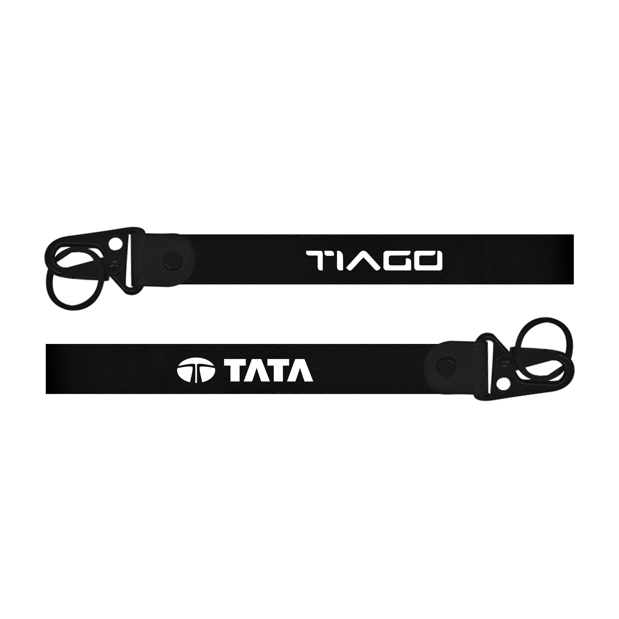 Two black straps with 'Tiago' and 'Tata' branding on a white background