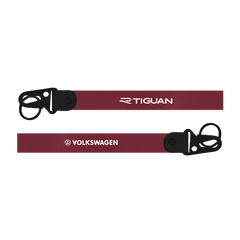Maroon lanyard with Volkswagen and Tiguan branding on a white Car keychain for Volkswagen Tiguan custom fabric lanyard keychainbackground