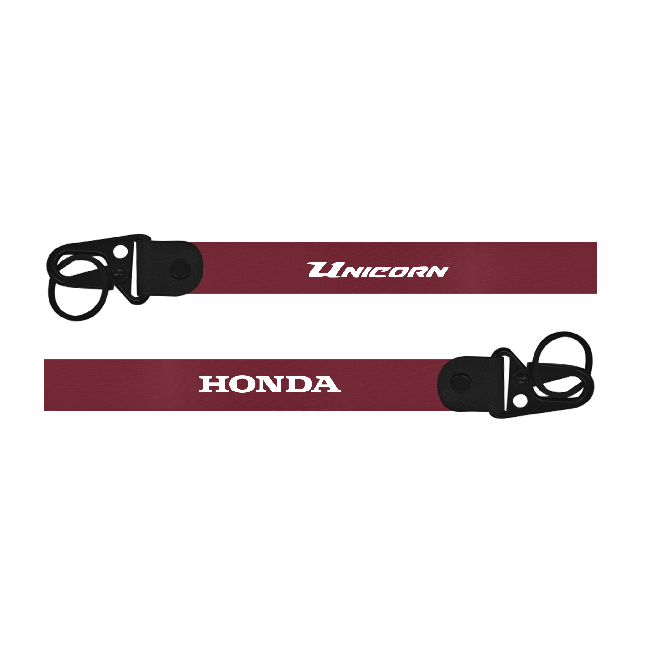 Two red lanyards with 'Unicorn' and 'Honda' logos on a white background