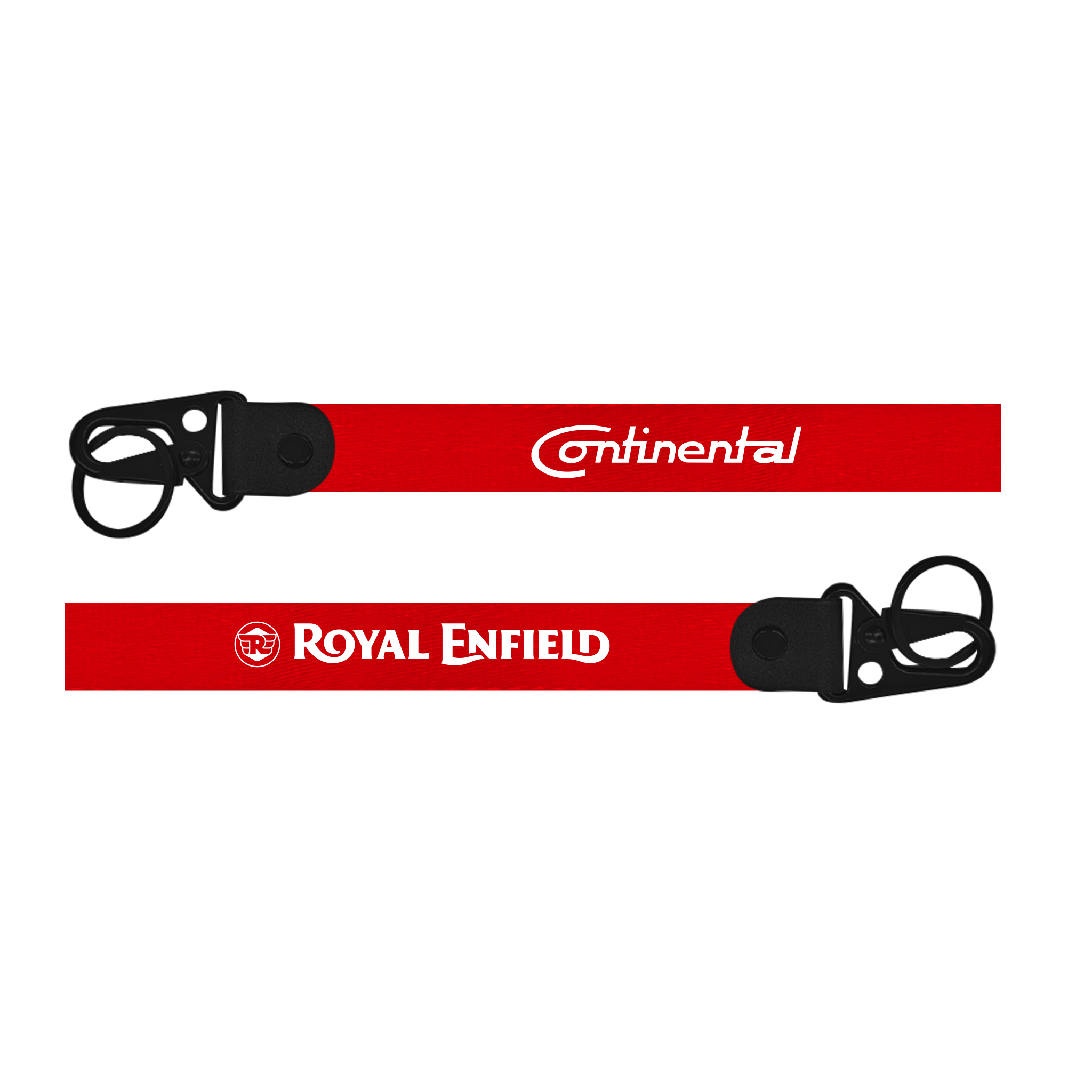 Two red lanyards with 'Continental' and 'Royal Enfield' logos on a white background