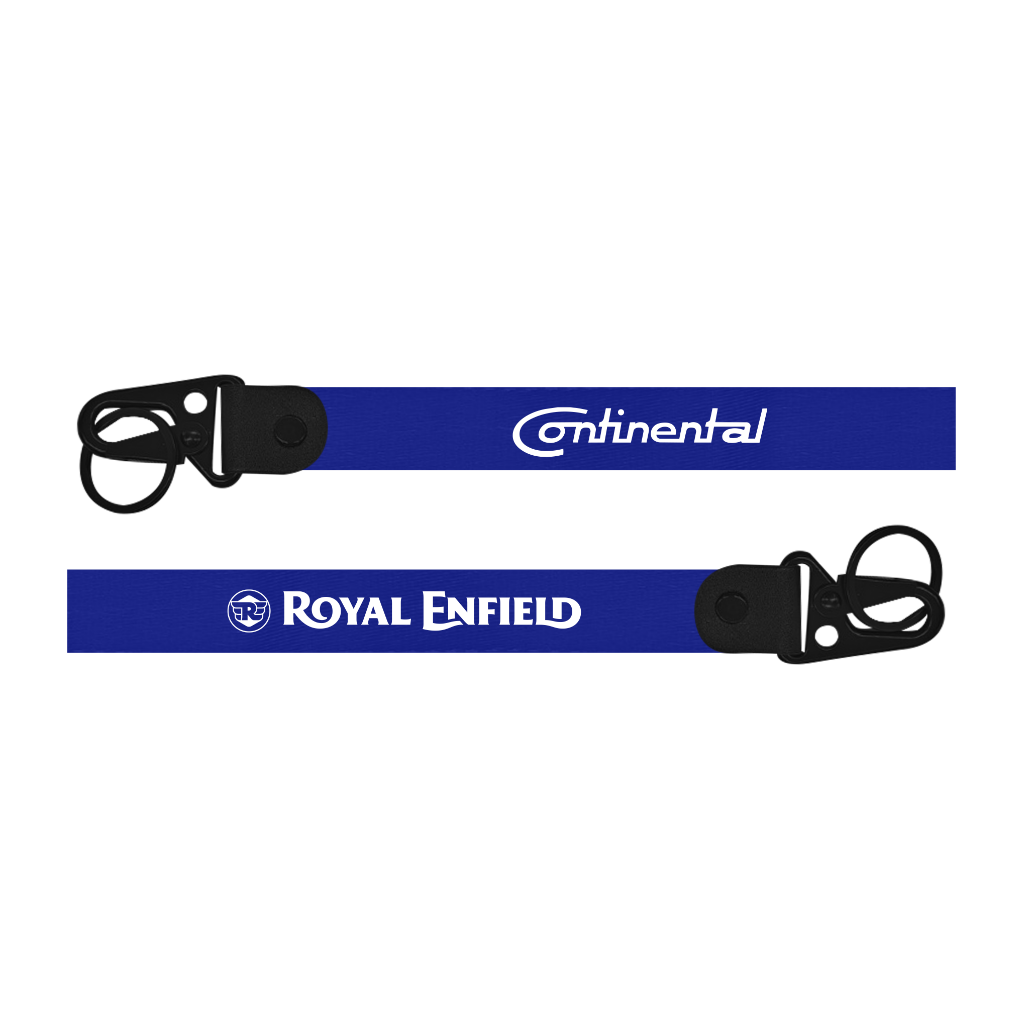Two blue straps with Continental and Royal Enfield logos on a white background