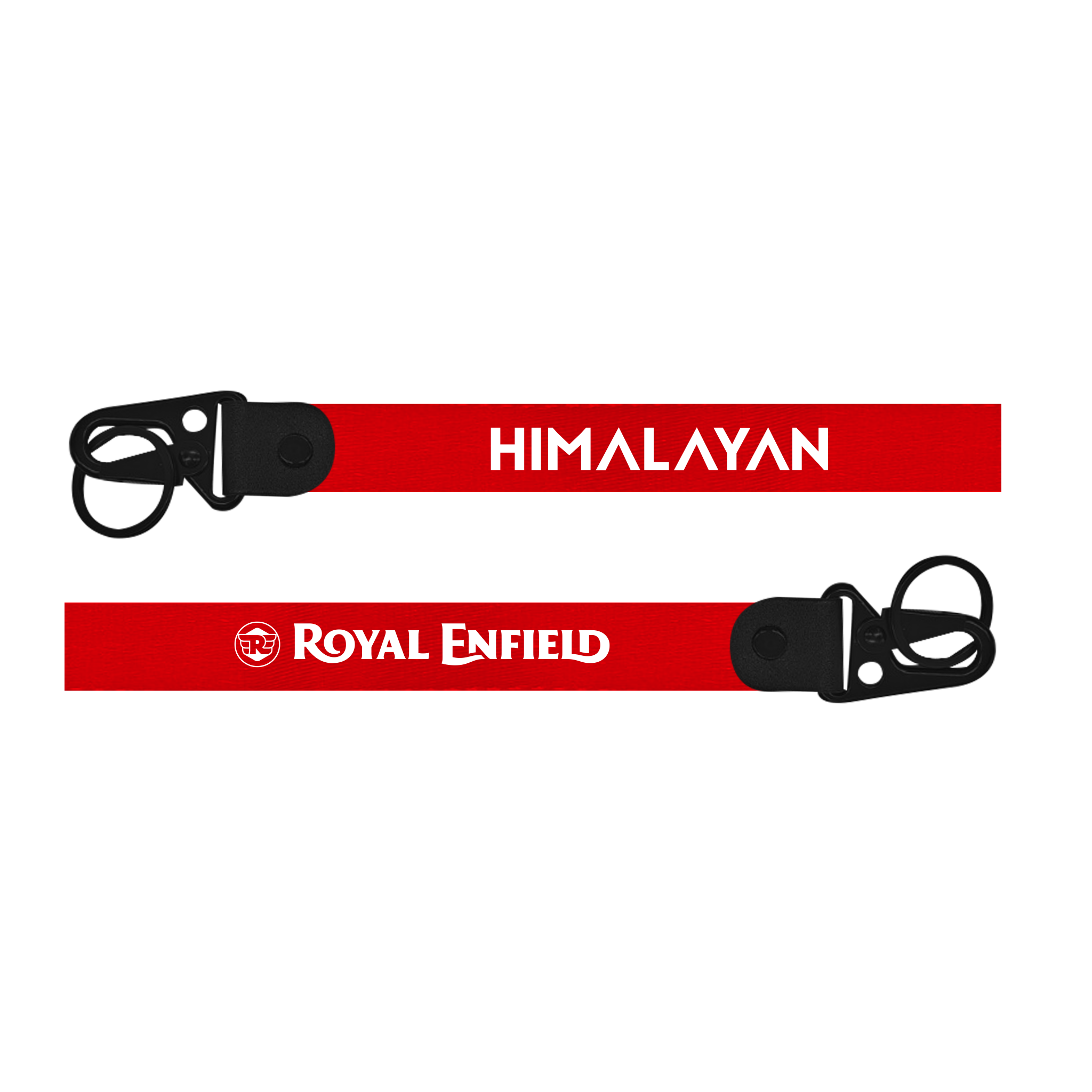 Two keychains with 'Himalayan' and 'Royal Enfield' branding on a white background.