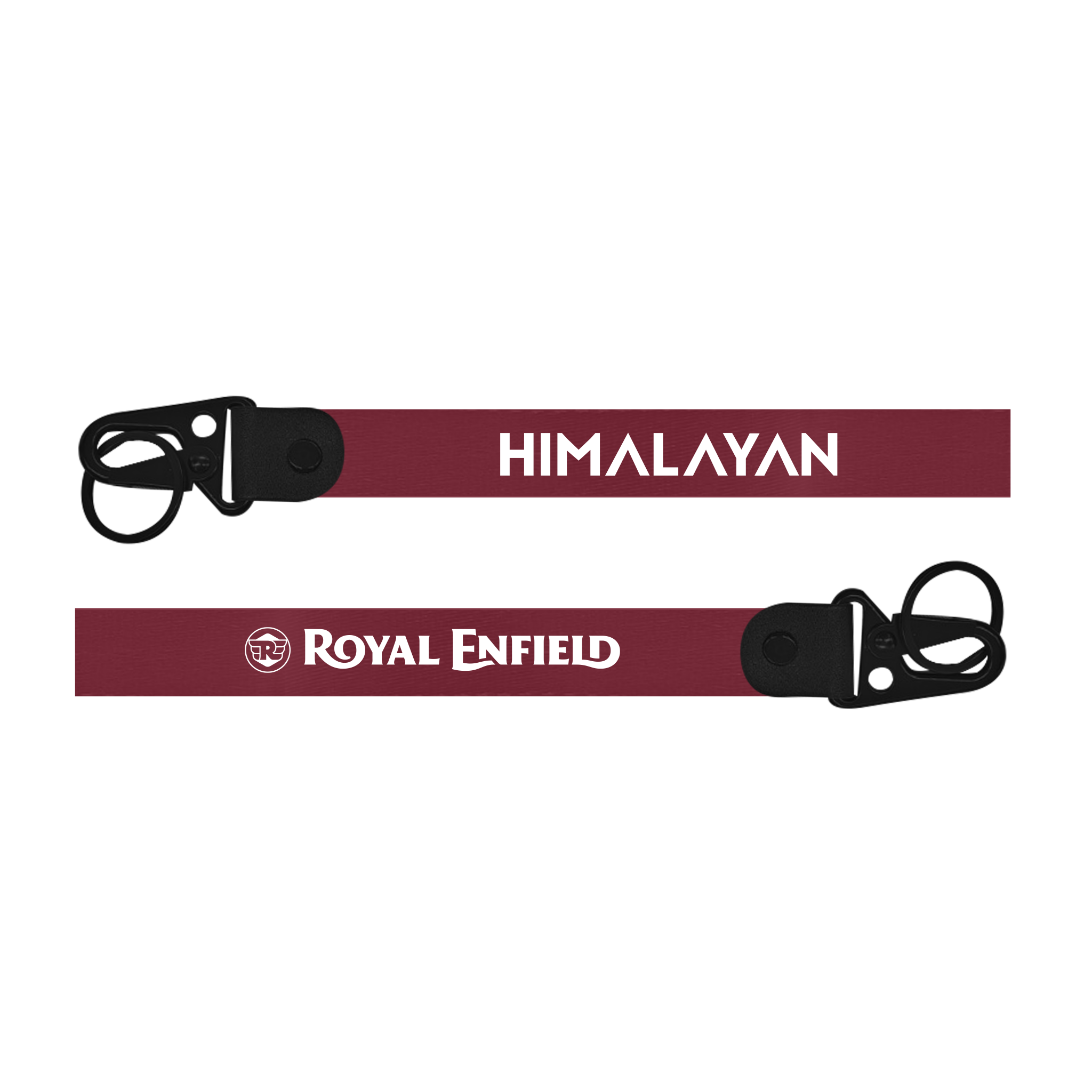 Two keychains with 'Himalayan' and 'Royal Enfield' branding on a white background.