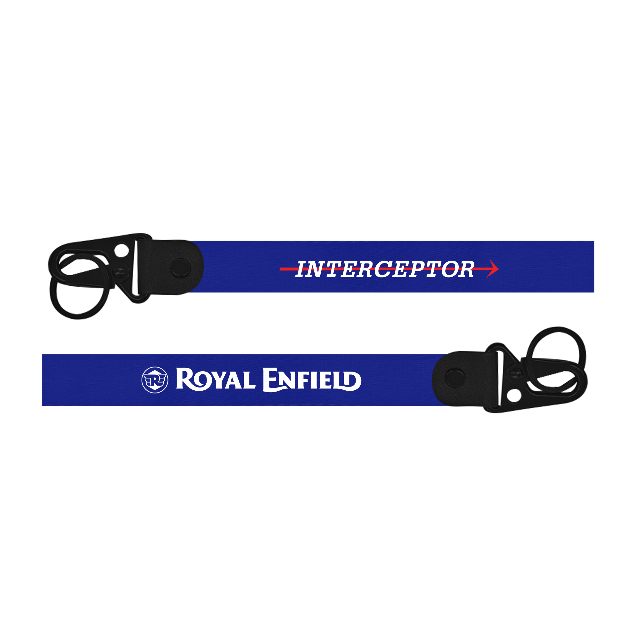 Two blue keychains with 'Interceptor' and 'Royal Enfield' branding on a white background.
