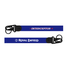 Two blue keychains with 'Interceptor' and 'Royal Enfield' branding on a white background.