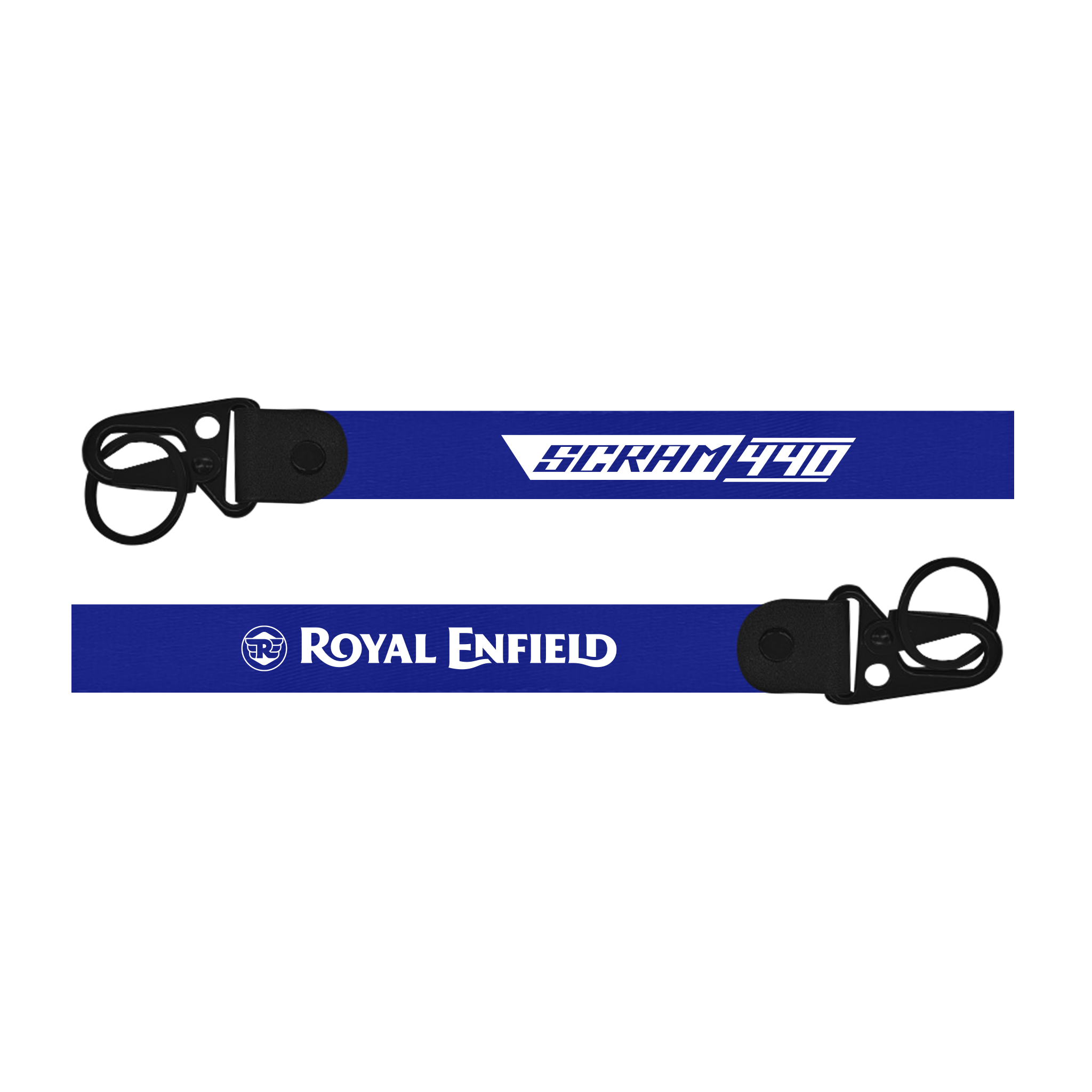 Two blue lanyards with 'Scrambler' and 'Royal Enfield' branding on a white background.