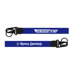 Two blue lanyards with 'Scrambler' and 'Royal Enfield' branding on a white background.