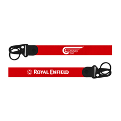 Red lanyard with 'Royal Enfield' branding on a white background