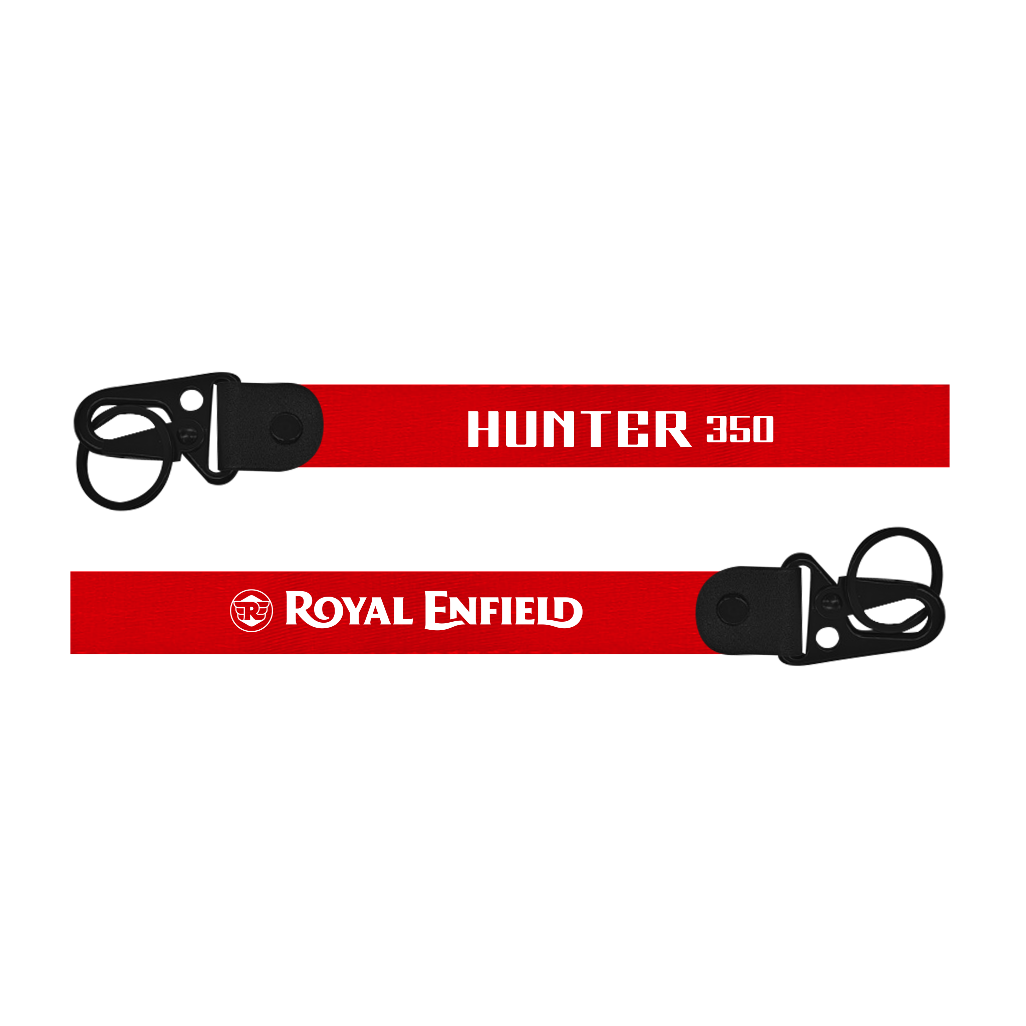 Red lanyard with 'Hunter 350' and 'Royal Enfield' text on a white background
