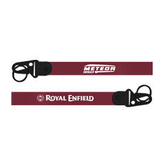 Two maroon lanyards with 'Meteor 350' and 'Royal Enfield' branding on a white background.