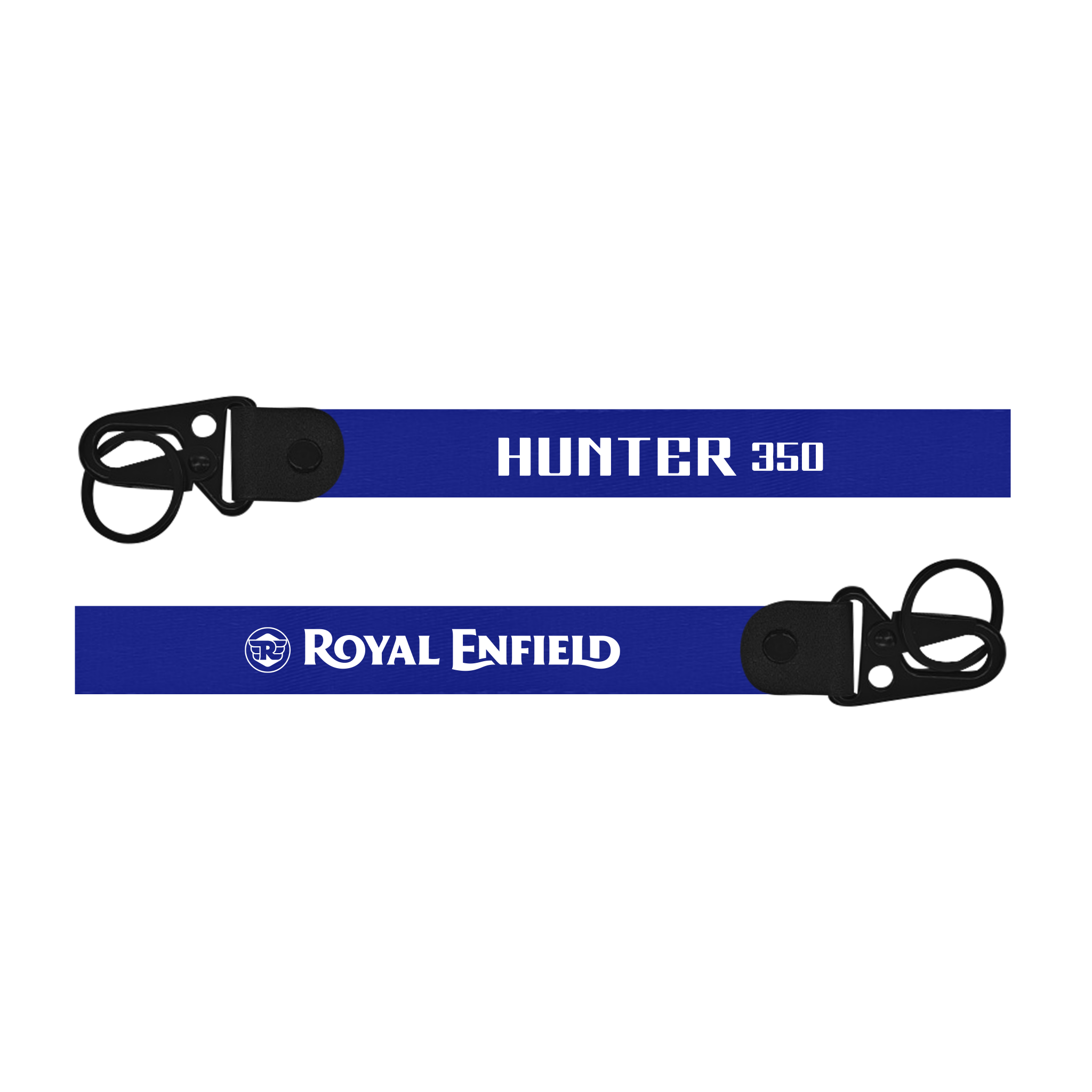 Two blue straps with 'Hunter 350' and 'Royal Enfield' branding on a white background.
