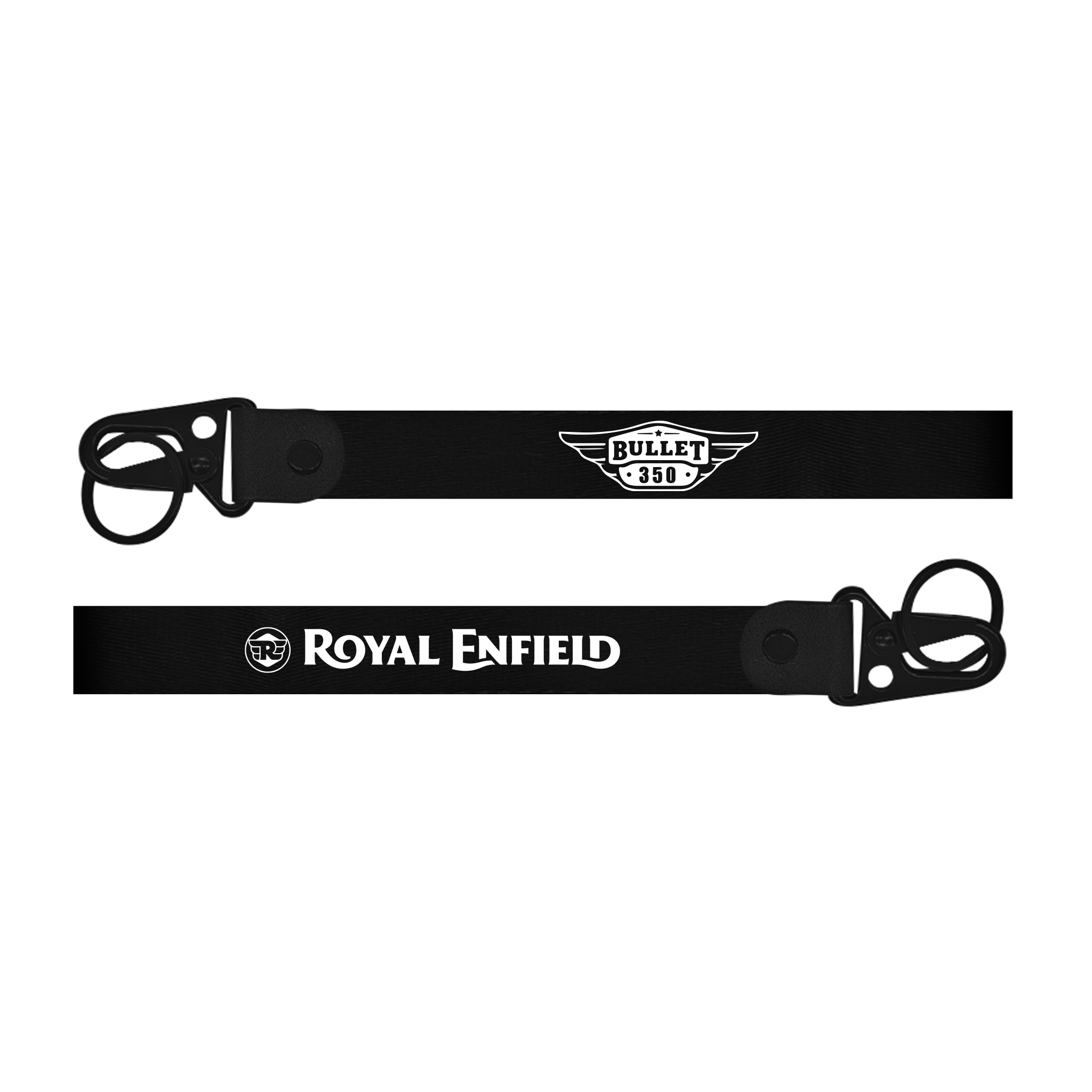 Two black leather straps with Royal Enfield branding on a white background