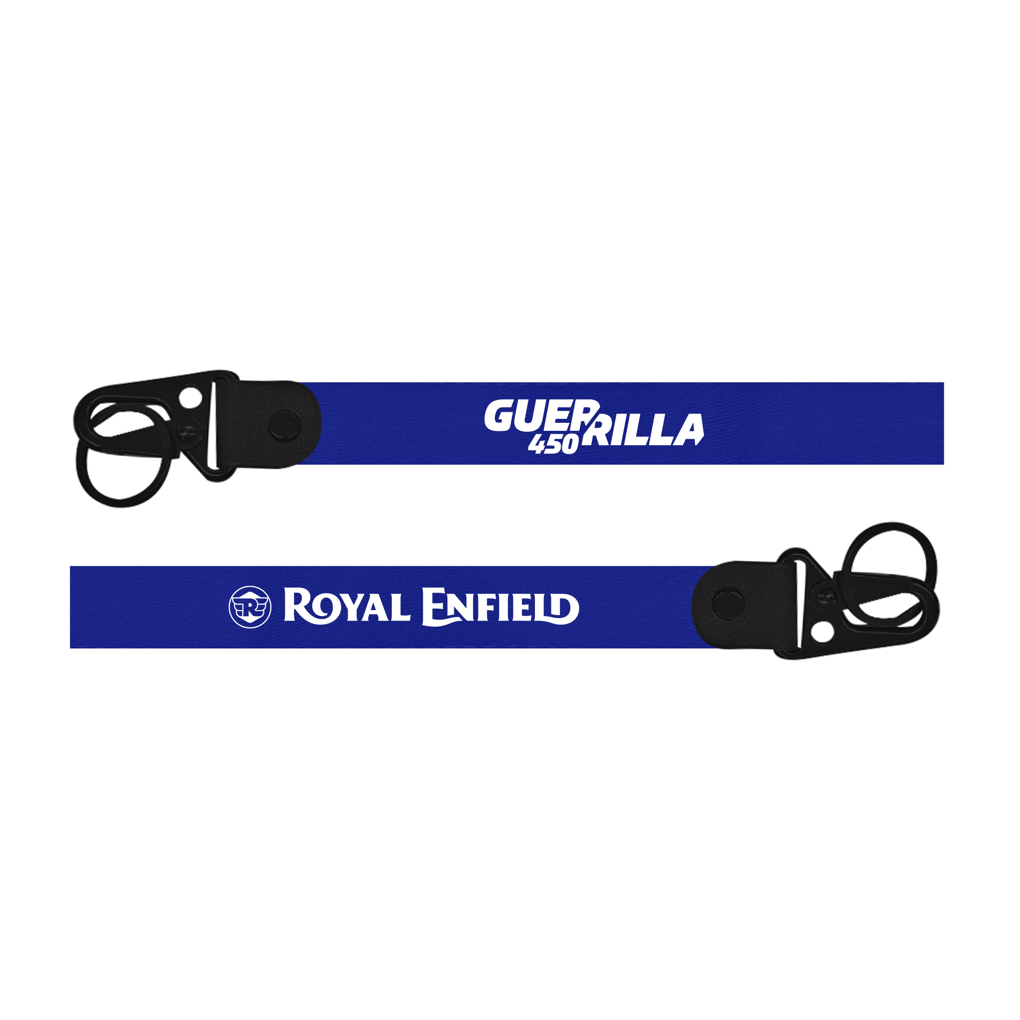 Two blue lanyards with brand names on a white background