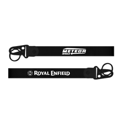 Two black leather straps with 'Meteor 350' and 'Royal Enfield' branding on a white background.