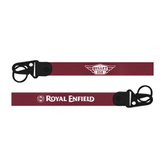 Maroon lanyard with 'Royal Enfield' logo on a white background