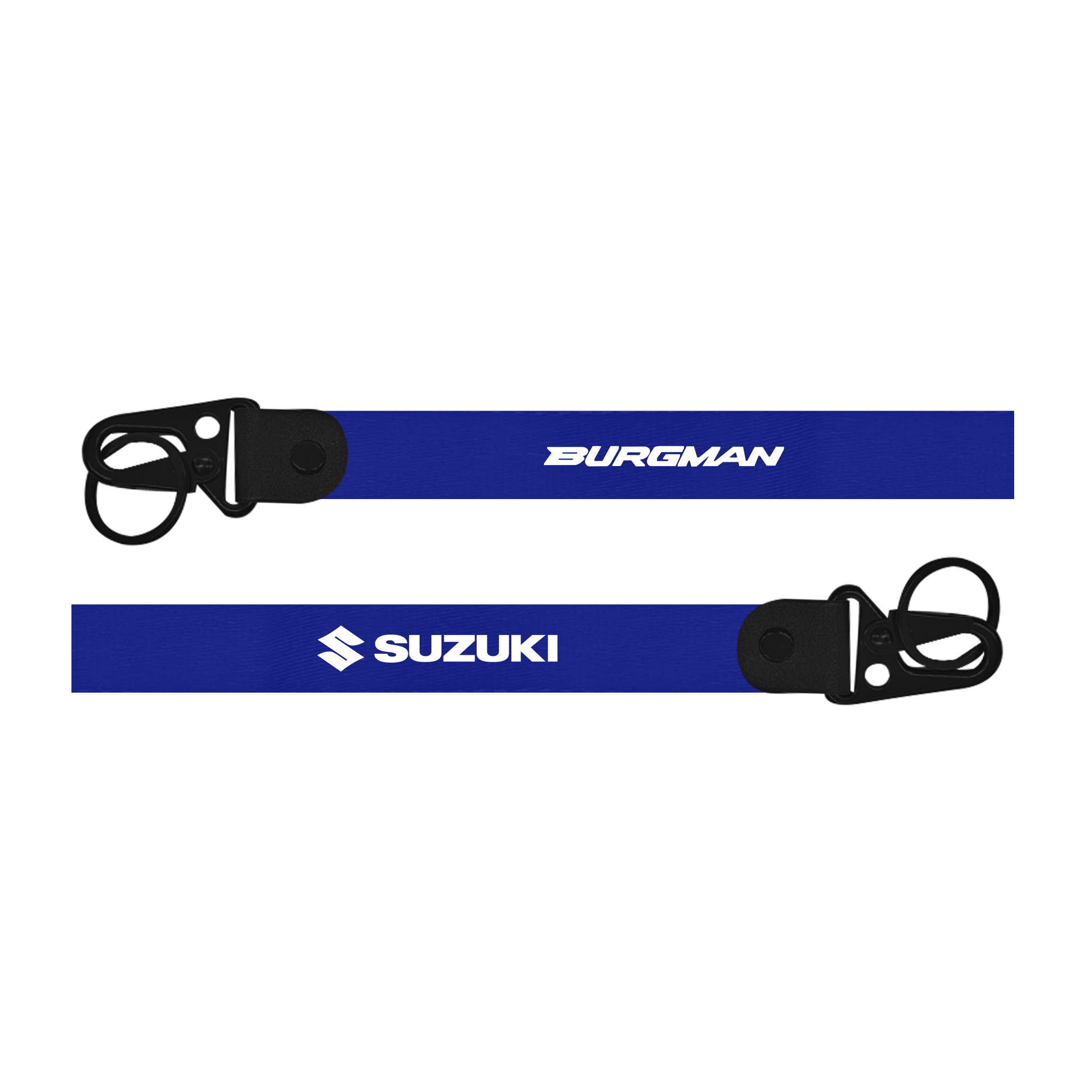 Two blue straps with 'Burgman' and 'Suzuki' branding on a white background