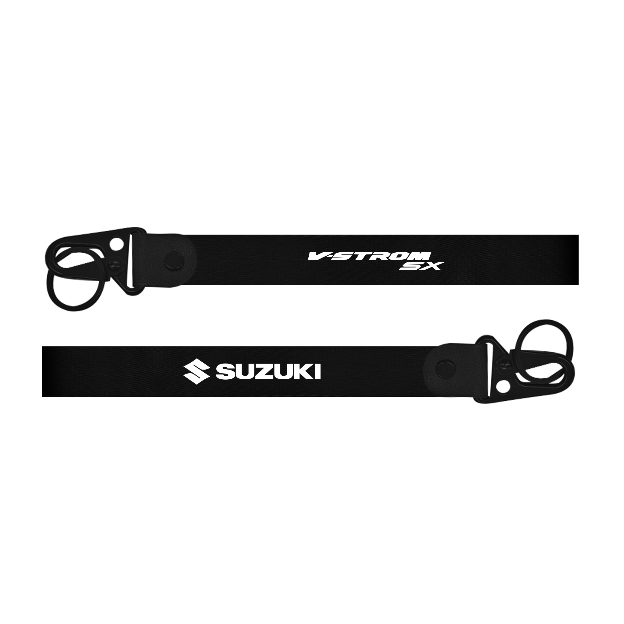 Two black straps with Suzuki and V-Strom SX branding on a white background