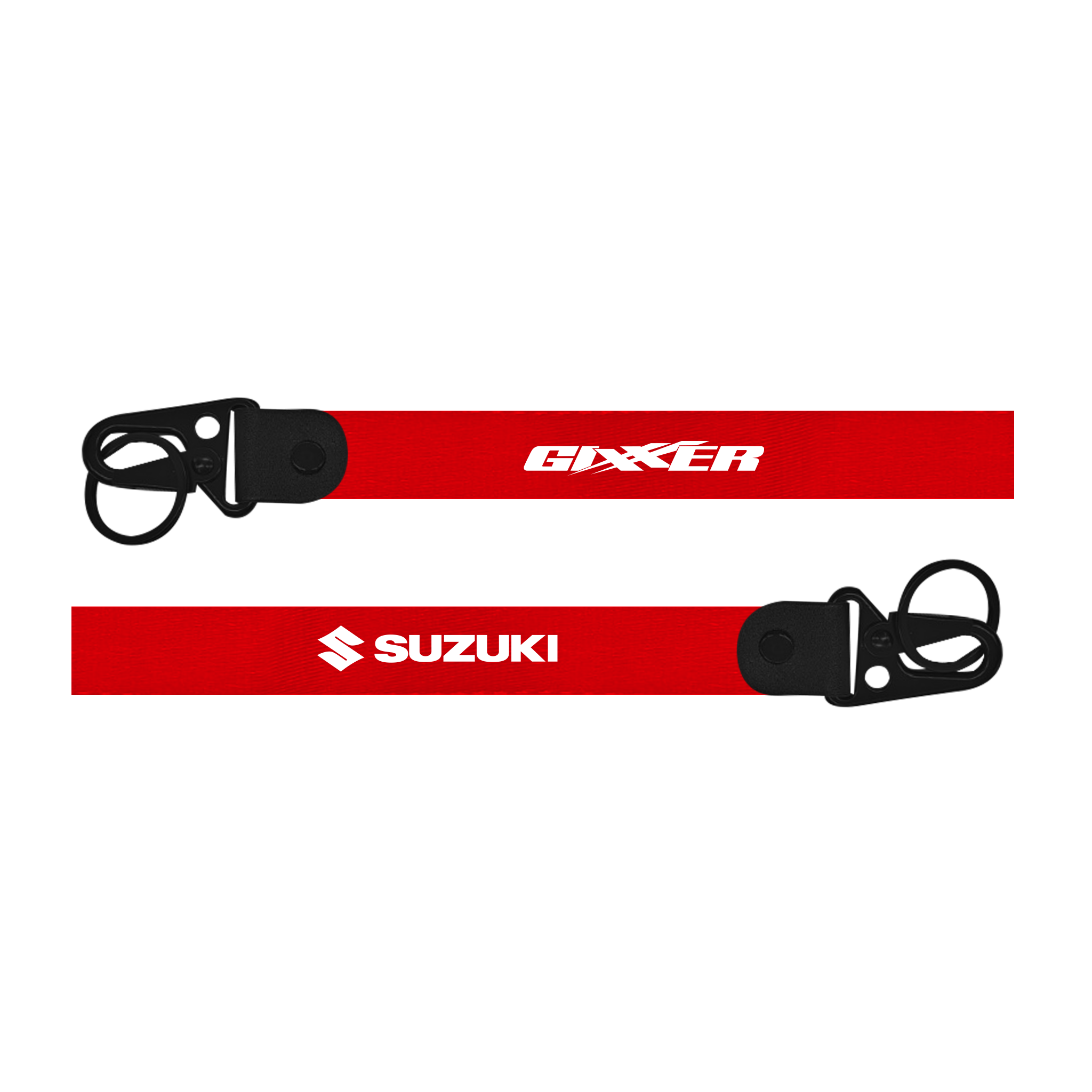 Two red lanyards with 'Gixxer' and 'Suzuki' logos on a white background
