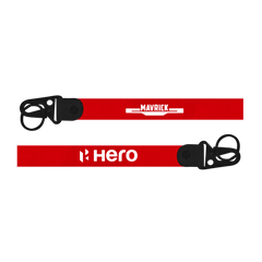 Two red lanyards with 'Maverick' and 'Hero' branding on a white background