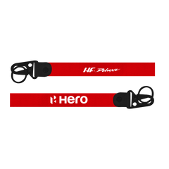Two red lanyards with black clips and 'Hero' branding on a white background
