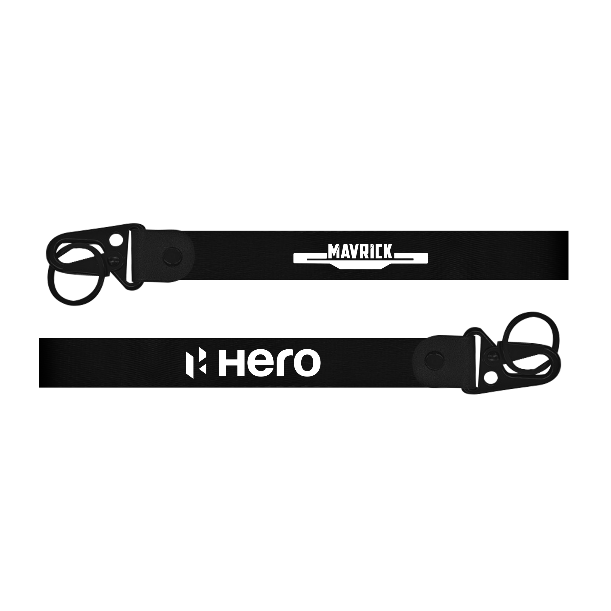 Two black straps with 'Maverick' and 'Hero' branding on a white background