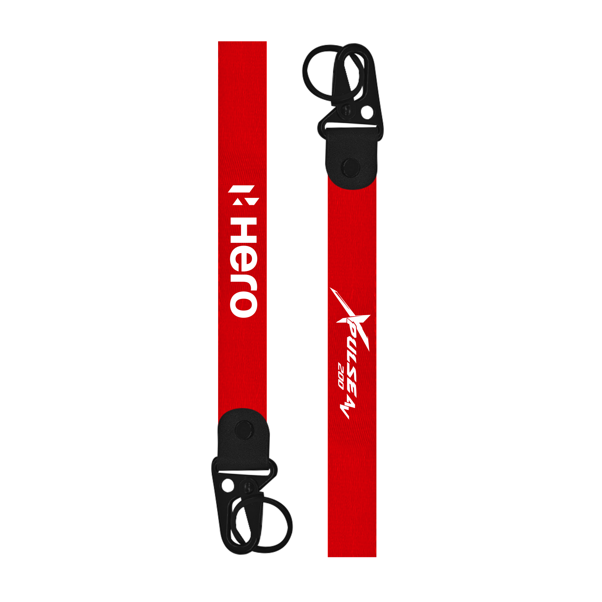 Red lanyard with black clips and 'Hero' branding on a white background