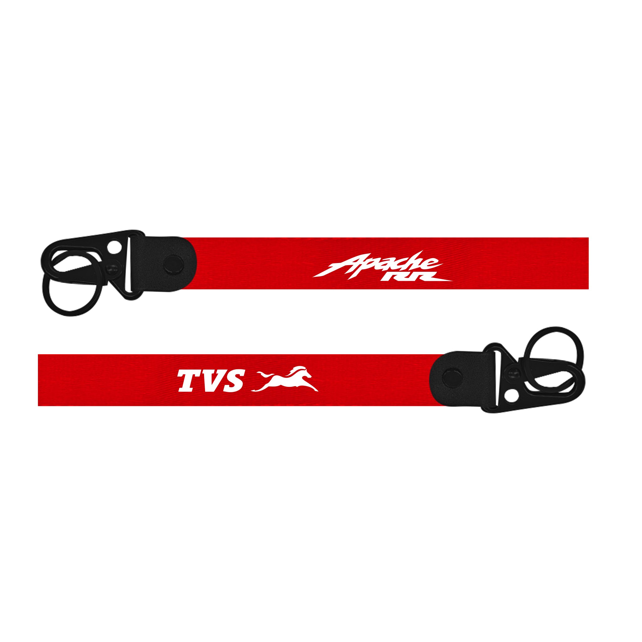 Two red lanyards with black clip ends featuring 'Apache' and 'TVS' logos on a white background.