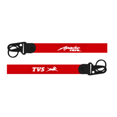 Two red lanyards with black clip ends featuring 'Apache' and 'TVS' logos on a white background.