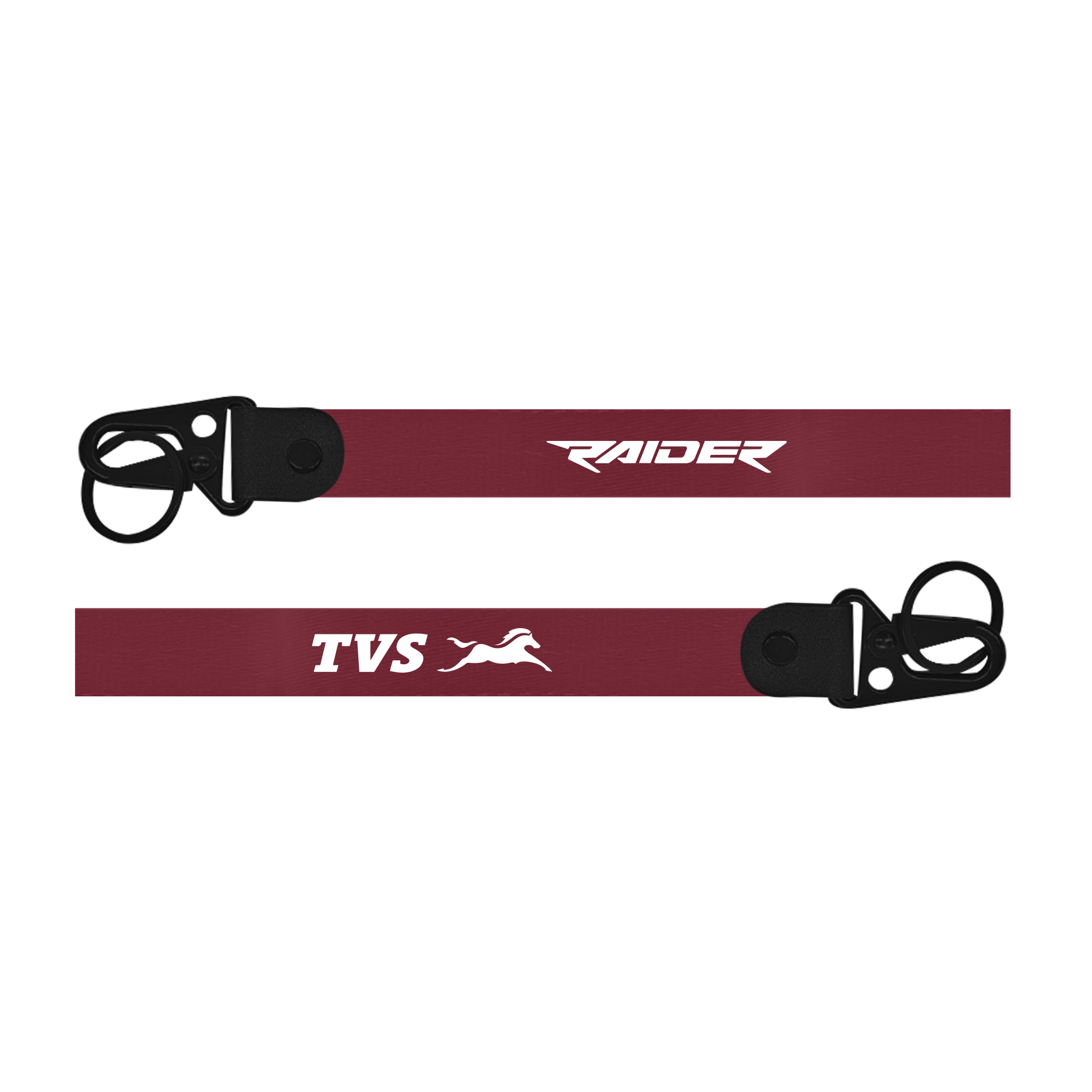Two maroon straps with 'TVS' and 'Raider' branding on a white background