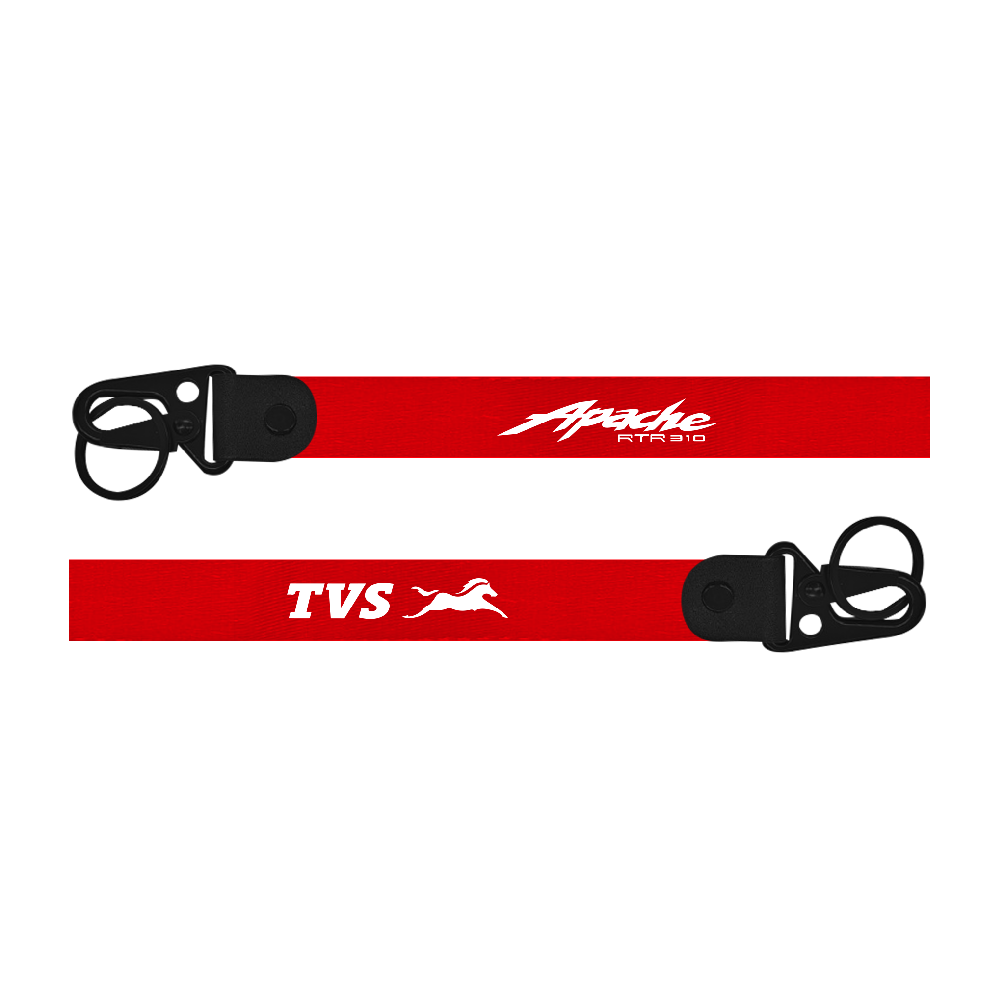 Two red lanyards with 'Apache' and 'TVS' branding on a white background