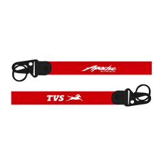 Two red lanyards with 'Apache' and 'TVS' branding on a white background