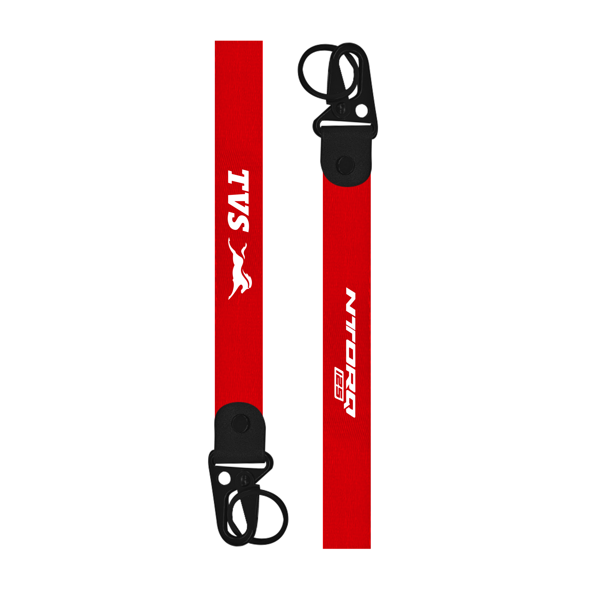 Two red straps with black buckles and logos on a white background