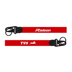 Two red lanyards with 'Radeon' and 'TVS' logos on a white background