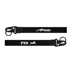 Two black belts with 'Apache' and 'TVS' branding on a white background