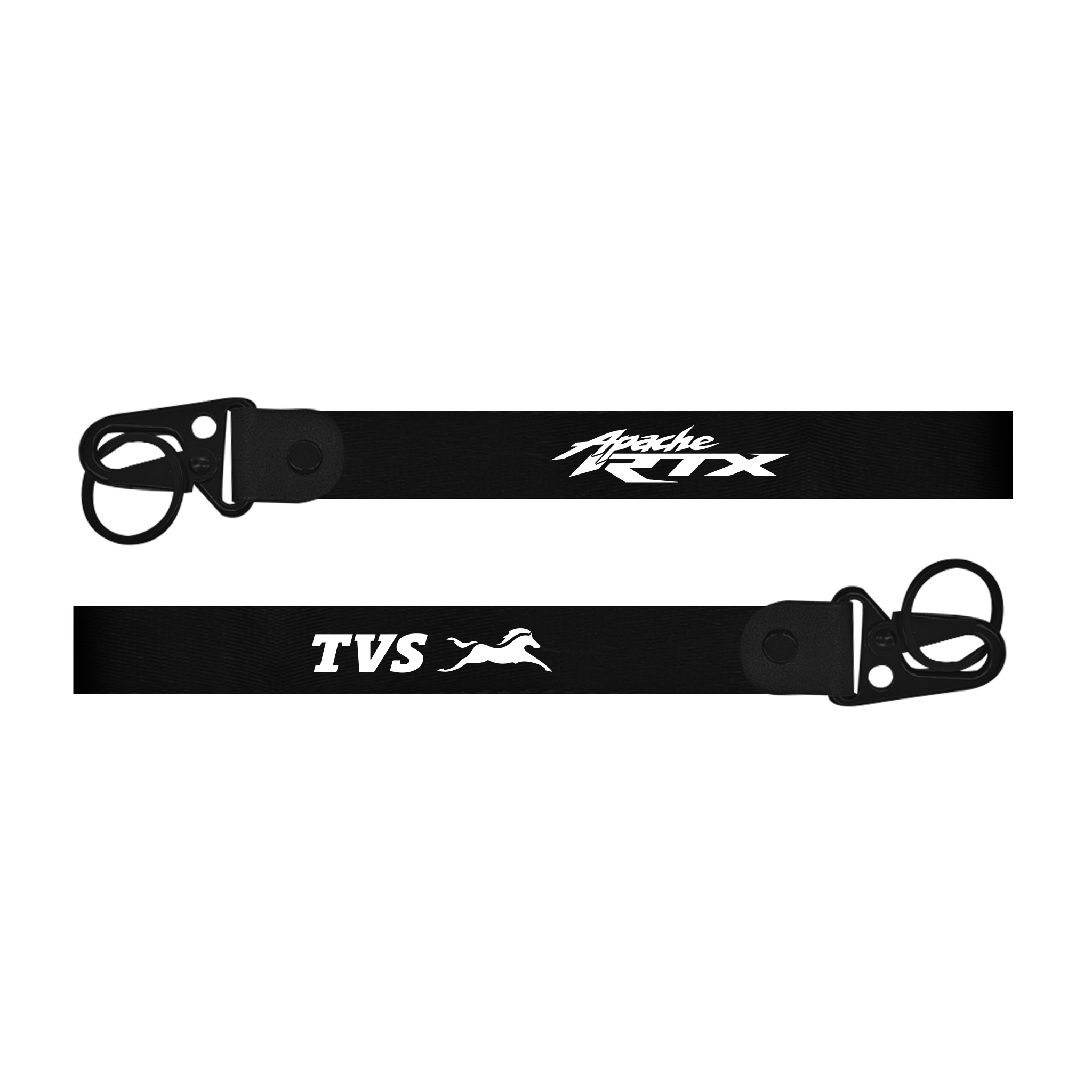 Two black belts with 'Apache RTX' and 'TVS' logos on a white background