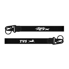 Two black belts with 'Apache RTX' and 'TVS' logos on a white background