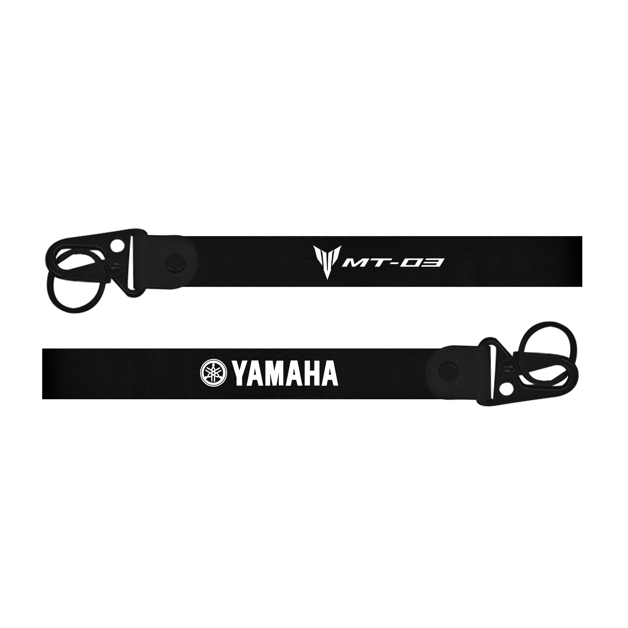 Two black straps with 'MT-03' and 'Yamaha' branding on a white background