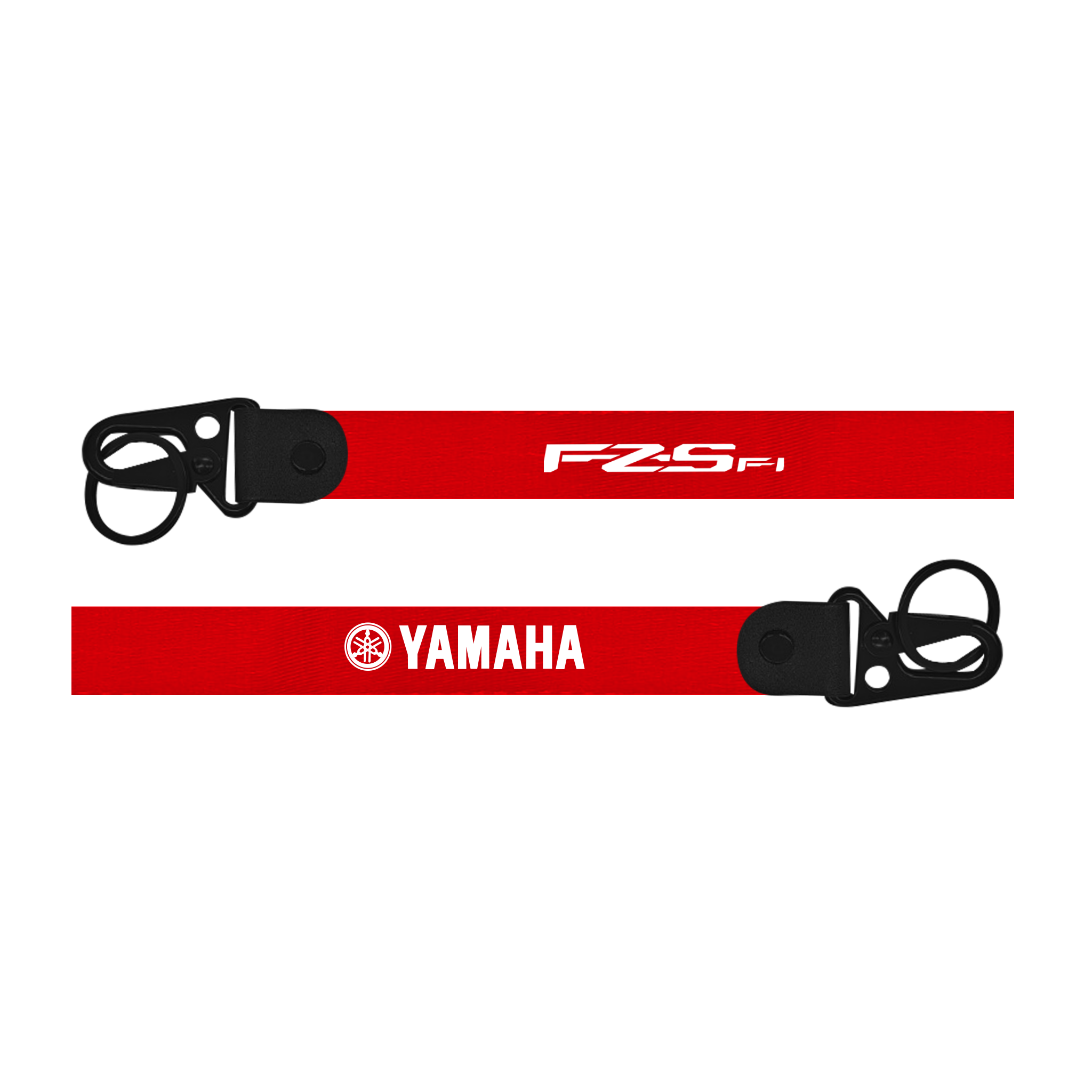 Two red straps with 'FZS' and 'Yamaha' logos on a white background