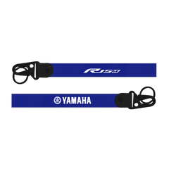 Two blue straps with R15 and Yamaha logos on a white background