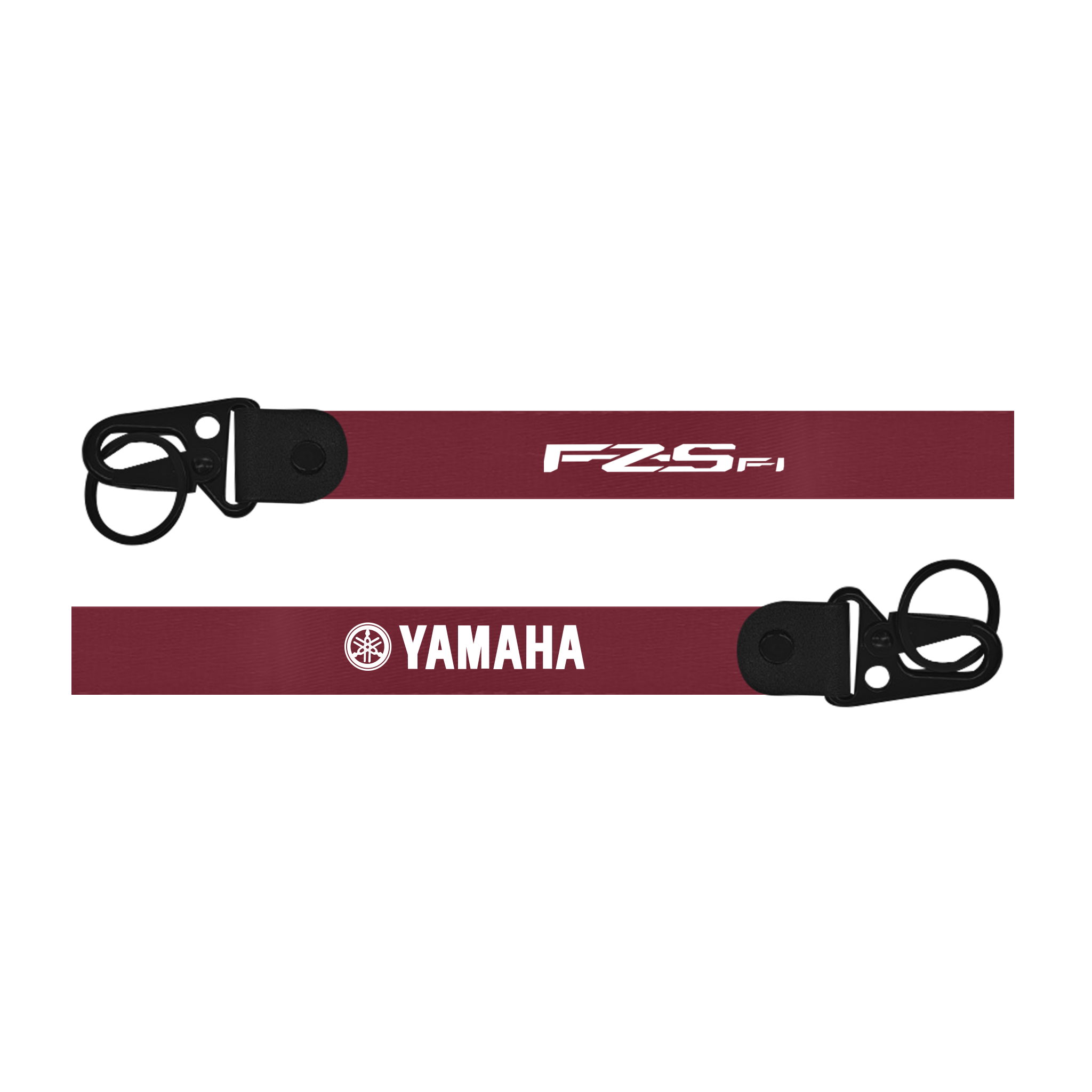 Two red straps with black buckles and logos on a white background