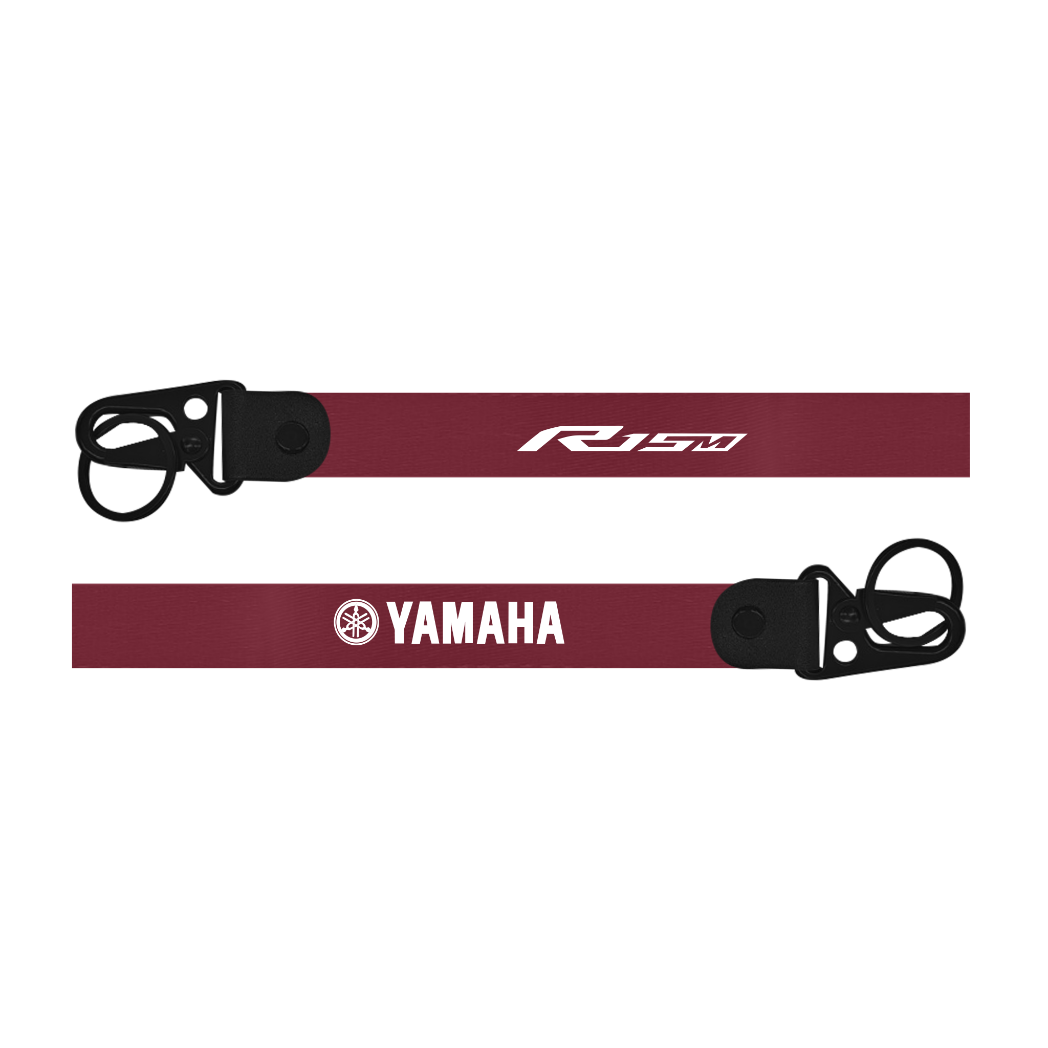 Two red lanyards with 'R15' and 'Yamaha' logos on a white background