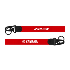 Red lanyard with 'Yamaha' and 'R3' branding on a white background